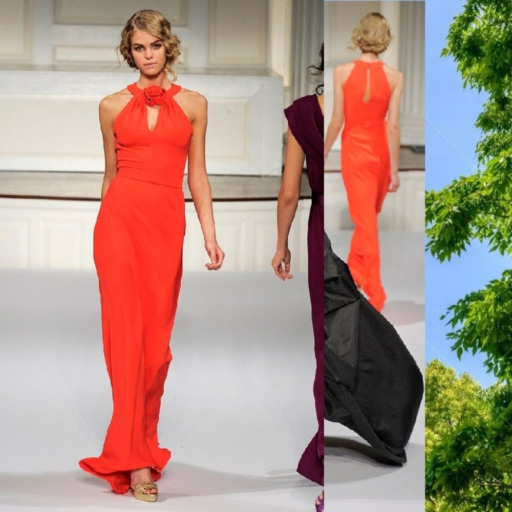 *$4,300 OSCAR DE LA RENTA STUNNING RED SILK ROSE RUNWAYGOWN US 10 L